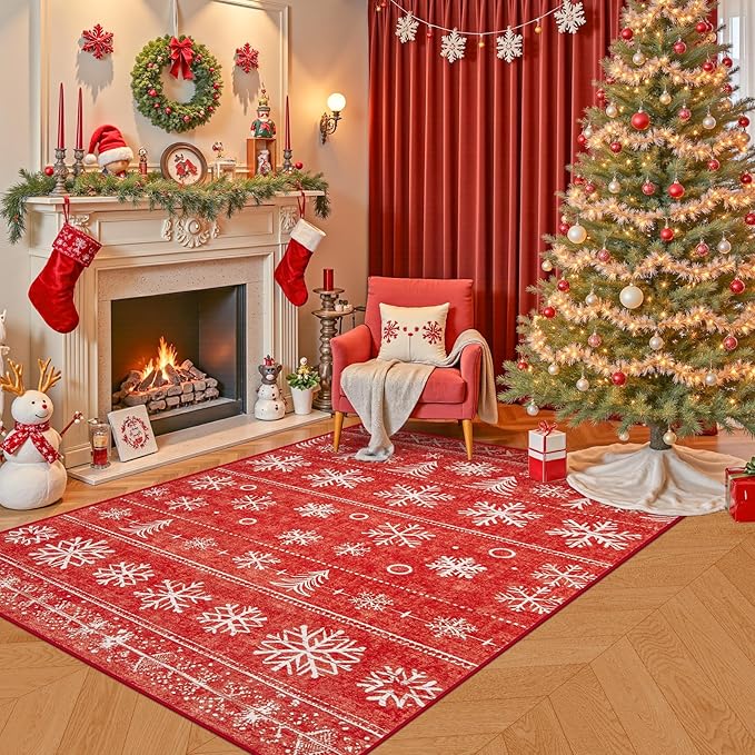 Area Rug 4x6 Christmas Rugs, Machine Washable Boho Christmas Tree Snowflake Rug Non-Slip Soft Low Pile Holiday Indoor Rugs for Bedroom Kitchen Dining Room Office(Xmas Red, 4'x6')