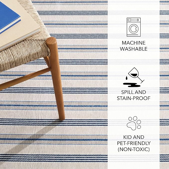 Dash and Albert Nimes Ticking Machine Washable Area Rug - 2' x 3' Neutral Stripe Washable Accent Rug - Durable, High Traffic Areas Kitchen, Mudroom, Hallways