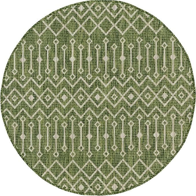 Unique Loom Outdoor Trellis Collection Area Rug - Tribal Trellis (5' 3" Round, Green/ Natural)