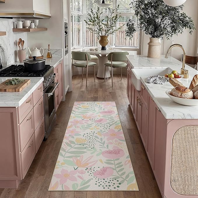Floral Runner Rug 2x6 Washable Hallway Pink Bedroom Non Slip Cute Long Kitchen Carpet Botanical Indoor Soft Accent Rug for Bathroom Dining Laundry Living Room