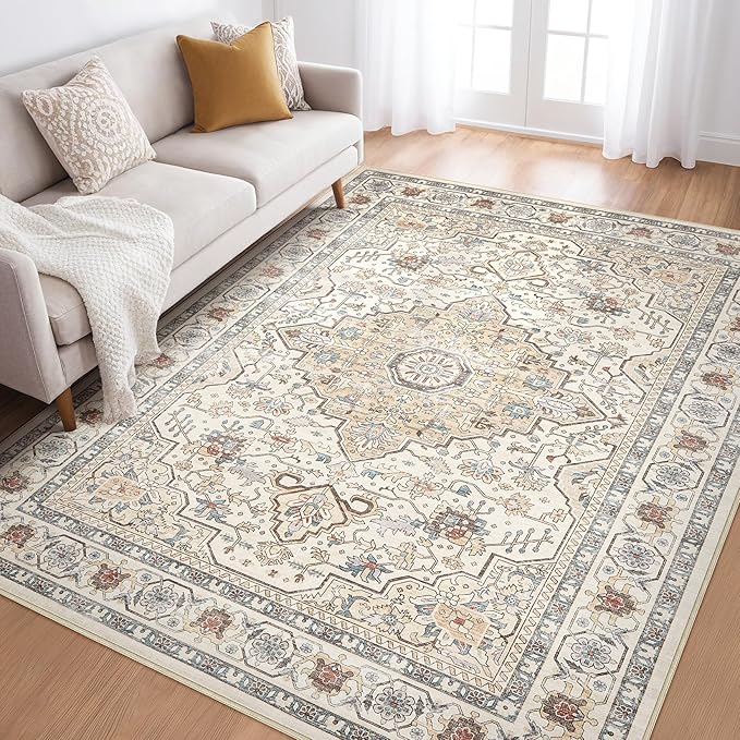 5x8Ft Area Rug Living Room: Washable Boho Large Neutral Vintage Soft Rugs Stain Resistant Farmhouse Non Slip Indoor Floor Carpet for Bedroom Nursery Kids Playroom Office Dining Room- Cream Blue