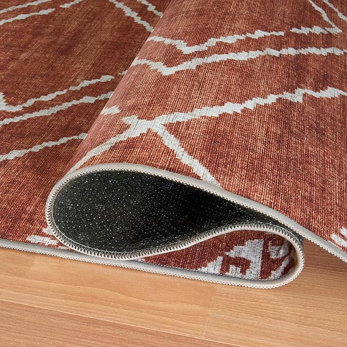 ReaLife Rugs Machine Washable Area Rug Runner - Living Room Bedroom Bathroom Kitchen Entryway Office - Padded Low Pile Stain Resistant Premium - Moroccan Diamond Tribal - Jax - Orange 3' x 5'