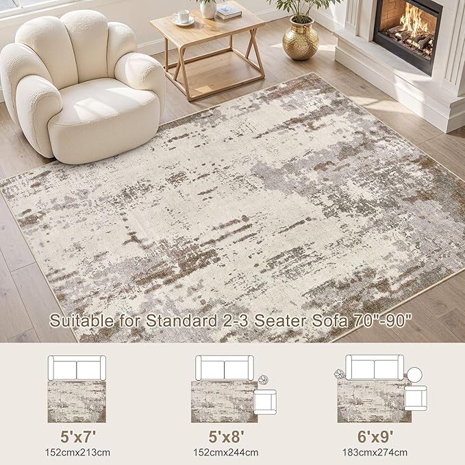 5x7 Area Rug Living Room Rugs - Washable Neutral Modern Abstract Soft Thin Rug Indoor Floor No Slip Rug Carpet for Bedroom Under Dining Table Home Office Decor - Brown/Grey/Beige