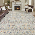 Washable Living Room Rug: 8x10 Boho Floral Soft Area Rug for Bedroom Decor - Vintage Low Pile Thin Carpet for Dining Room Non-Slip - Farmhouse Stain Resistant Rugs - Beige Blue