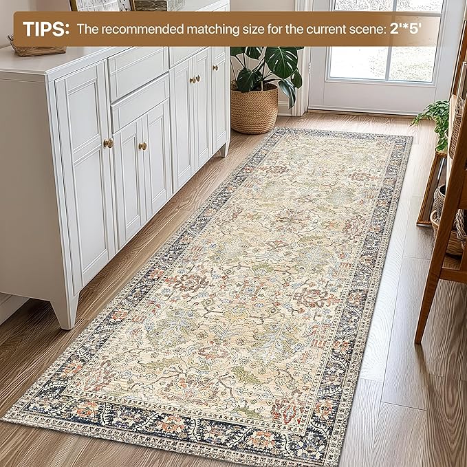 Bavni Runner Rug Non Slip for Bathroom Kitchen Hallway 2x5 Washable Runner Boho Bedsied Rugs Floor Runner for Entryway Laundry, Soft Low Pile Rugf, Ivory/Teal