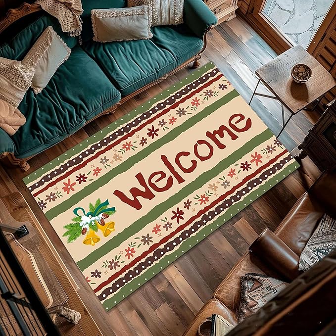 Vintage Christmas Area Rugs 5x8ft Merry Christmas Snowflakes Floral Winter Holiday Decorative Floor Mats Xmas Decorative Rugs for Living Room Bedroom Doormats Welcome Mats Non-Slip and Durable
