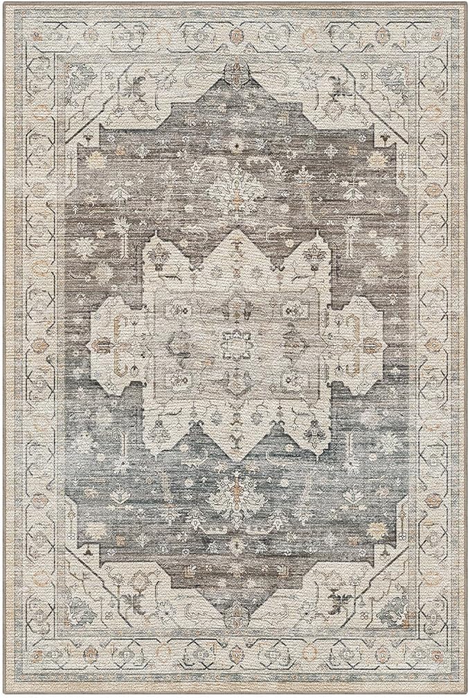 LUMI Washable 5x8 Area Rug for Living Room, Ultra Soft Vintage Rug with TPE Non Slip Backing, Stain Resistant, Low Profile Carpet High Traffic for Bedroom, Dining Room