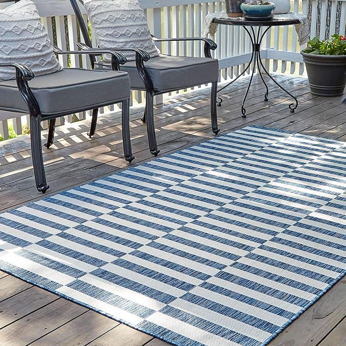 Unique Loom Outdoor Striped Collection Area Rug - Striped (5' 1" x 8' Rectangle, Blue/Ivory)