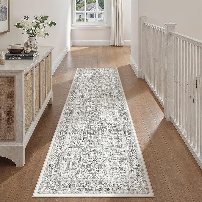 Black Runner Rug 3x8 Hallway Machine Washable Kitchen Vintage Distressed Non Slip Long Carpet Indoor Retro Floral Bedroom Accent Throw Rug for Bathroom Office Laundry Dining Room