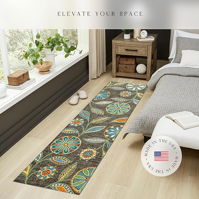 Maples Rugs Reggie Floral Runner Rug - Made in USA - Washable, Non Slip Indoor Carpet for Kitchen, Hallway, and Laundry Room, 2' x 7', Dark Grey