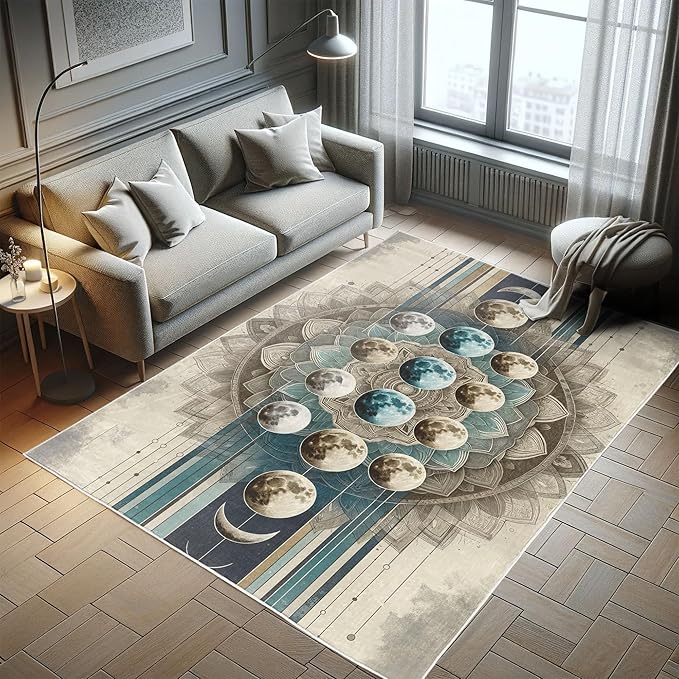 Ambesonne Lunar Art Decorative Rug, Oriental Bohemian Mandala with Moon Phase and Abstract Lines Modern, Quality Carpet for Bedroom Dorm and Living Room, 5' 1" X 7' 5", Cadet Blue and Eggshell