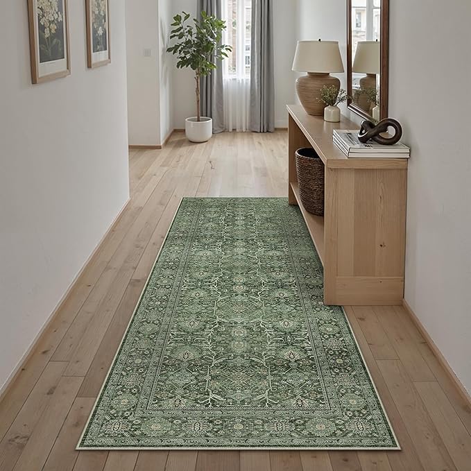 Green Runner Rug 2x6 Hallway Washable Carpet Soft Vintage Indoor Kitchen Non Slip Bedroom Traditional Retro Distressed Thicker Throw Long Rug Bathroom Laundry Entryway Office Dining Room