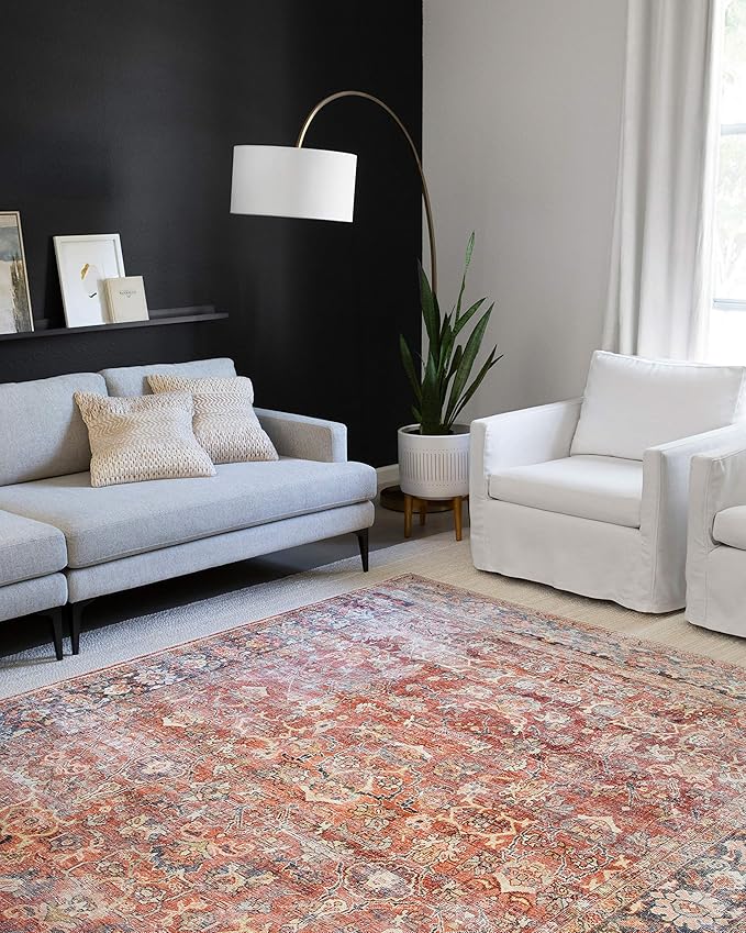 Loloi Layla Collection LAY-02 Spice/Marine 5'-0" x 7'-6" .13" Thick Area Rug, Soft, Durable, Vintage Inspired, Distressed, Low Pile, Non-Shedding, Easy Clean, Printed, Living Room Rug