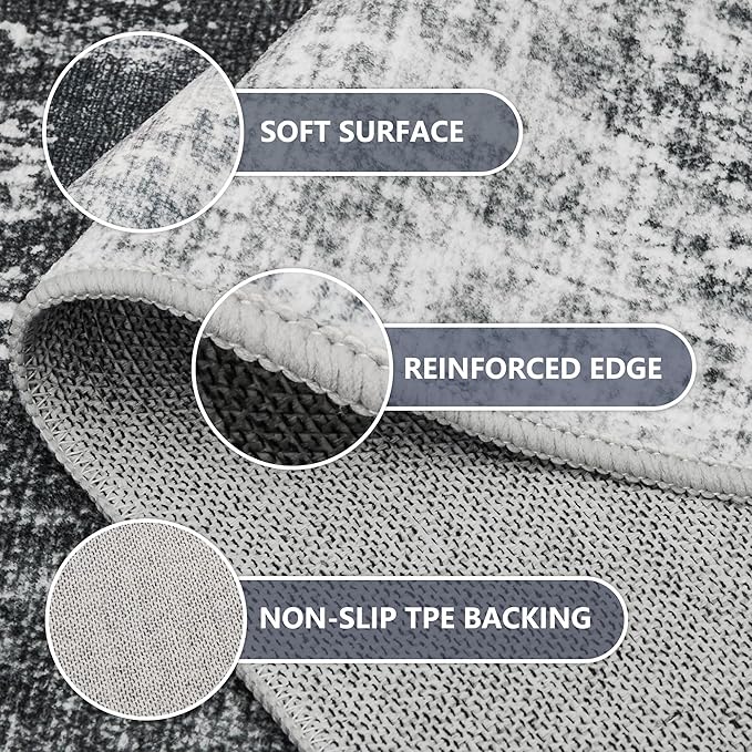 7x9 Washable Area Rugs - Modern Abstract Rugs for Living Room Non-Slip Low Pile Soft Machine Washable Carpet for Bedroom, Dining Room, Nursery, Home Office, Farmhouse (7'x9' Dark Grey)