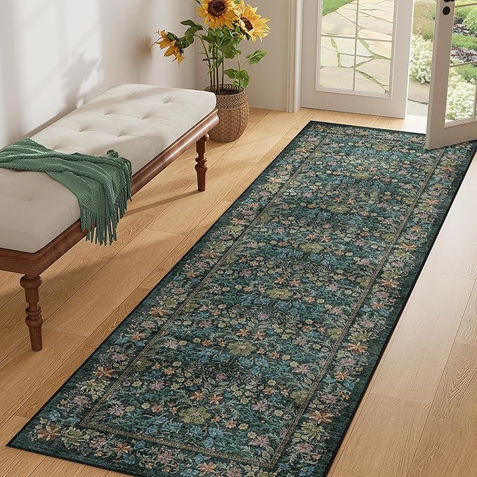 DUKINO 2x6 Runner Rug for Hallway, Washable Vintage Floral Kitchen Rug with Non Slip Backing, Soft Low Pile Throw Carpet Runner for Kitchen, Laundry, Hallway, Bathroom, Blue