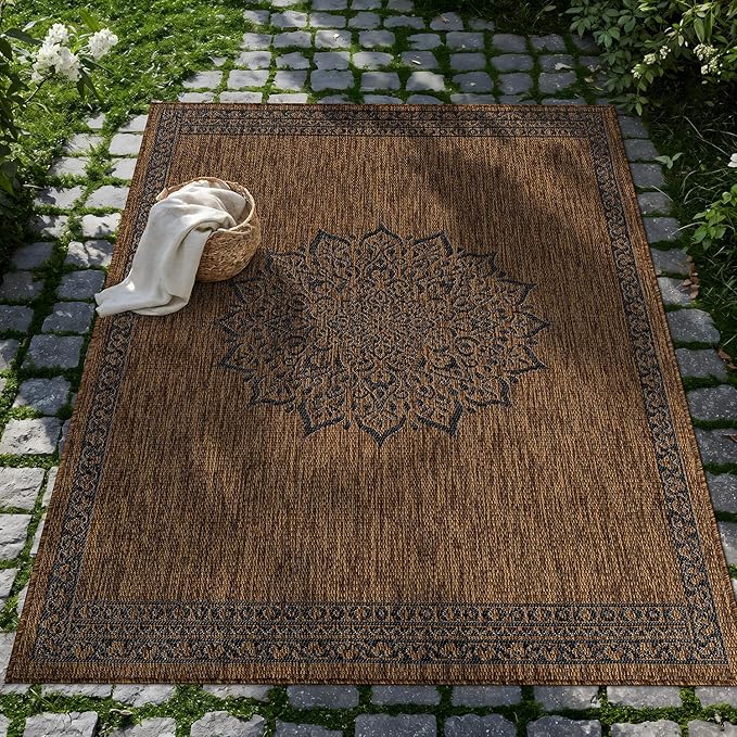 CAMILSON Outdoor Rug 5x7 Medallion Gold Modern Area Rugs for Indoor and Outdoor Patios Kitchen and Hallway Mats Washable Porch Deck Outside Carpet (Medallion Gold 5 x 7)