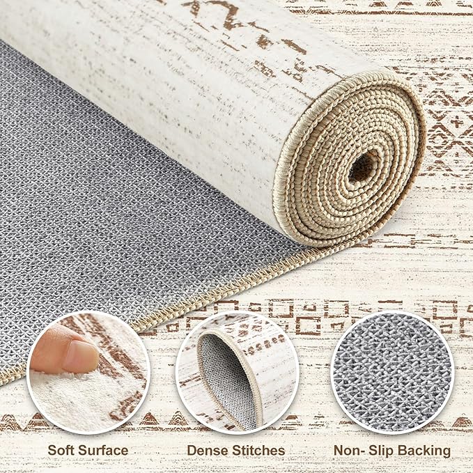 Nakagishi Runner Rug Kitchen Washable Rugs: 3x8 Non-Slip Boho Soft Modern Stain Resistant Indoor Floor Neutral Farmhouse Throw Carpet for Hallway Bathroom Laundry Room Entryway Bedroom- Brown