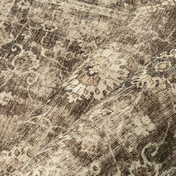 4x5 Washable Area Rug for Entryway Office Brown Vintage Non-Slip Low Pile Distressed Rustic Carpet Lightweight Vacuumable Soft Throw Rug for Living Room Indoor Dining Room