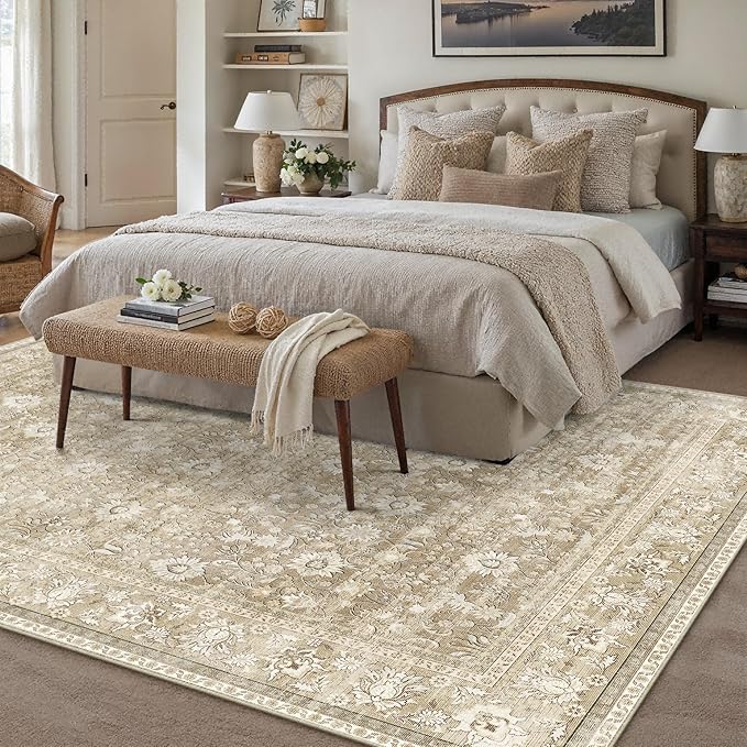 HUGEAR 8x10 Machine Washable Rugs Beige Hallway Large Area Rug Indoor Accent Rug Floral Low Pile Carpet Soft Throw Aesthetic Rug Bedroom Living Room Office Dining Room Kitchen Laundry Room