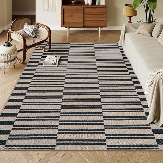 Lahome Striped Easy Jute Rug, 5x7 Outdoor Patio Rug Neutral Dining Room Rug Indoor Outdoor Carpet, Farmhouse Washable Non Slip Black Carpet for Backyard Living Room Office Deck