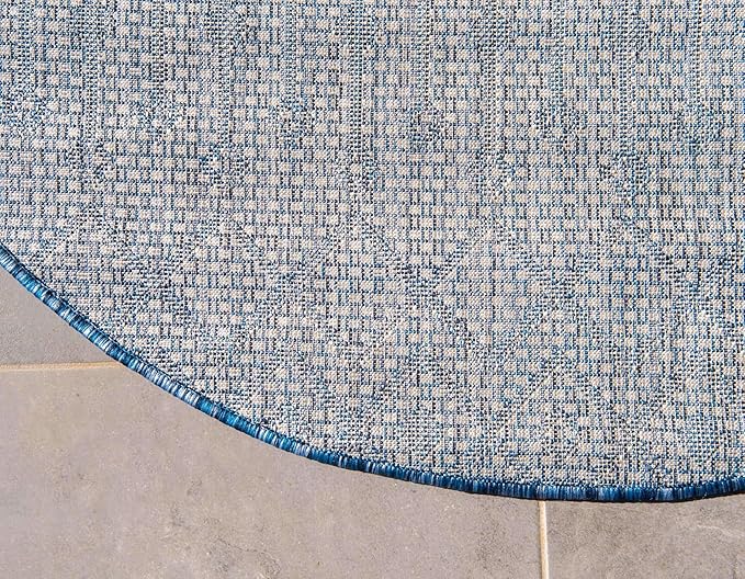 Unique Loom Outdoor Trellis Collection Area Rug - Tribal Trellis (10' Round, Blue/ Ivory)