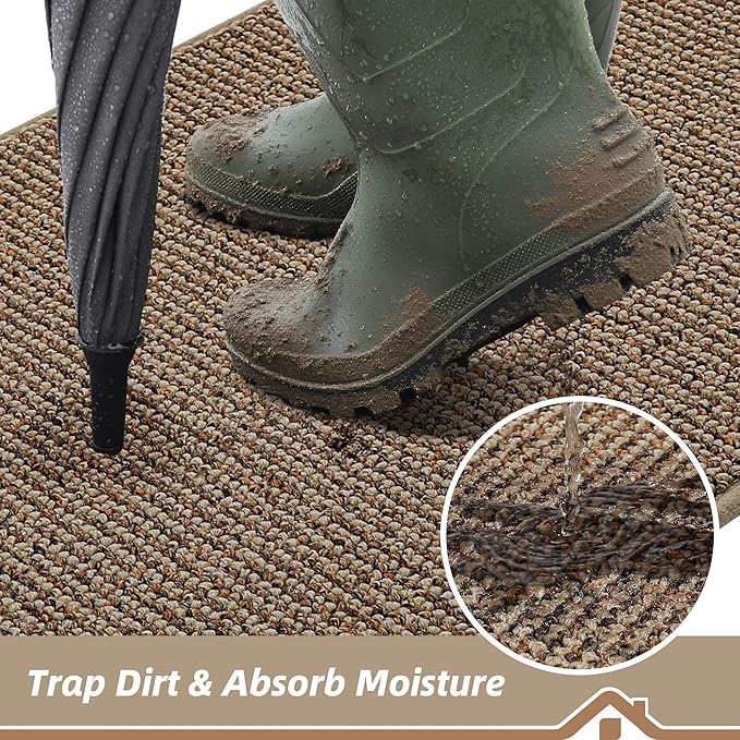BEQHAUSE Dirt Trapper Door Mat 17" x 30", Non-Slip Doormats (Rolled-Up NO Creases) Washable Entryway Rug, Dirt Resist and Absorbent Welcome Mat, Low Profile Floor Mats for Front Back Door, Beige