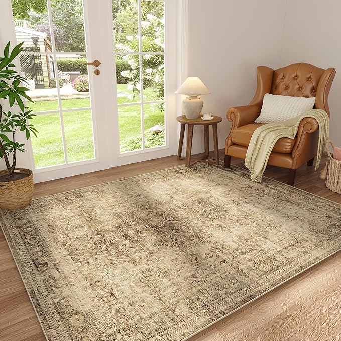 FMFUNCTEX 3x5 Washable Area Rug Brown Vintage Neutral Non Slip Low Pile Traditional Retro Indoor Carpet for Entryway Entrance Soft Floral Throw Rug Living Room Bedroom Kitchen Dining Office Laundry