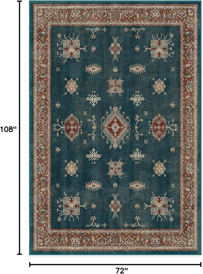 RUGGABLE Washable Vintage Area Rug – Verena Teal Blue 6x9, Stain-Resistant, Non-Slip – Medium Machine Washable Rugs for Living Room, Bedroom, Hallway, Entryway & Office–with Standard Pad