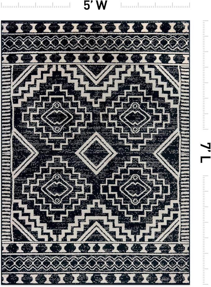 Rugshop Southwestern Black and White Tribal Area Rug – Geometric Diamond Pattern Carpet for Living Room, Bedroom, or Entryway – Boho Rustic Soft Floor Decor 5' x 7' Black