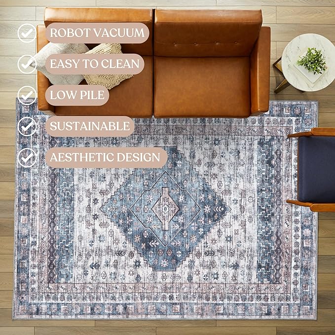 Washable Area Rug. Modern Farmhouse. Vintage. Turkish. Bohemian. Distressed. Oriental. Traditional. Rugs for Living Room. Dining. Bedroom. Office. Entryway. Foyer. (859NC, 7'5" x 9'8")