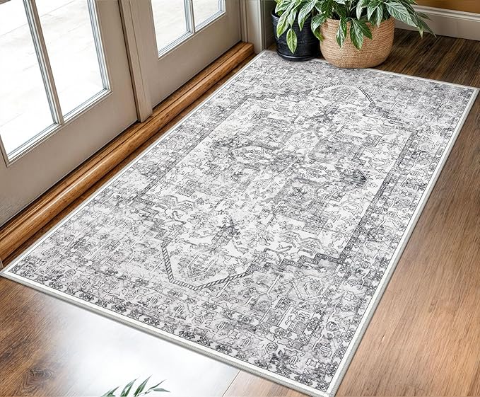 KOZYFLY Boho Area Rug 3x5 Ft Rugs for Entryway Washable Entry Rug Non Slip Door Mat Indoor Entrance Printed Faux Wool Throw Rugs for Entrance Kitchen Living Room, Gray
