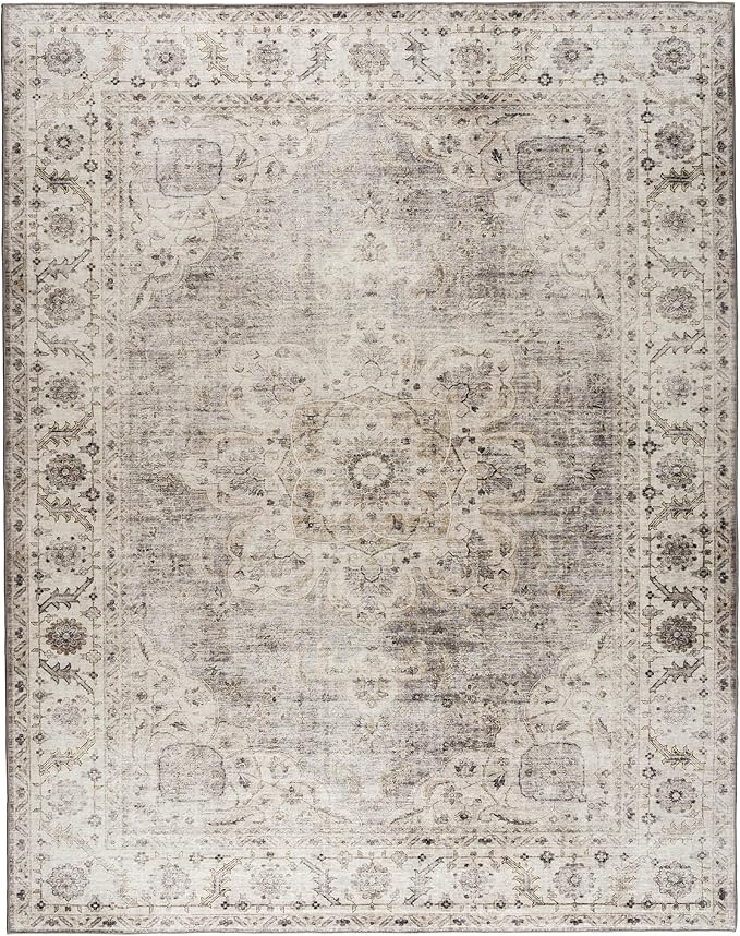 ReaLife Rugs Machine Washable Area Rug - Living Room Bedroom Bathroom Kitchen Entryway Office - Padded Low Pile Stain Resistant Premium - Boho Farmhouse Vintage - Joy - Beige Ivory 6' x 8'