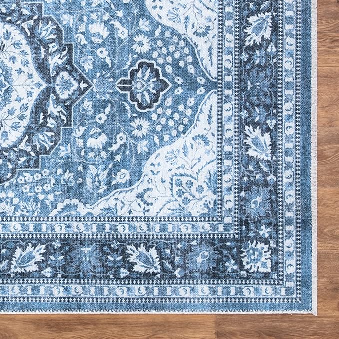 Bloom Rugs Caria Washable Non-Slip 5x7 Rug - Blue Traditional Area Rug for Living Room, Bedroom, Dining Room, and Kitchen - Exact Size: 5' x 7'