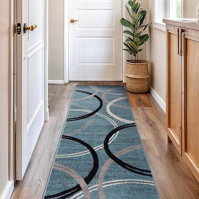 Rugshop Modern Wavy Circles Design Runner Rug, Non-Shedding Carpet for Hallway, Kitchen, or Entryway, Blue, 2'7" x 12'
