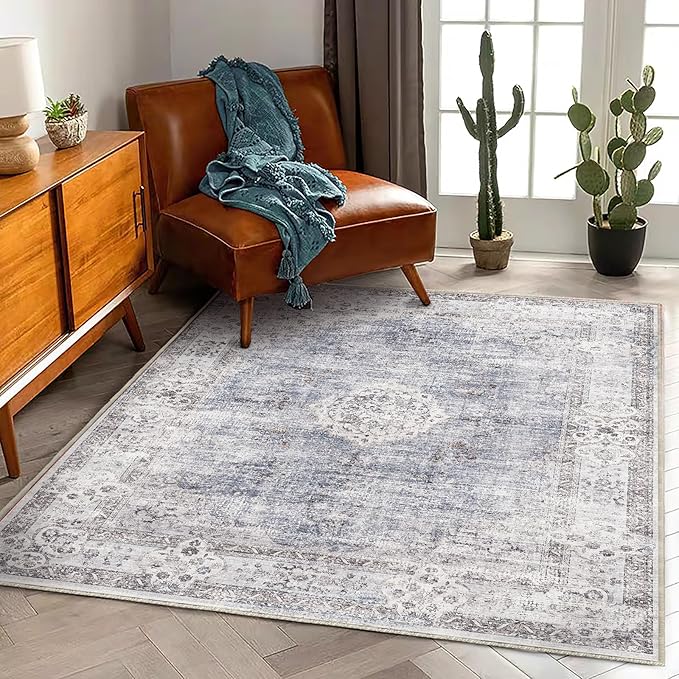 Area Rug 5'x7' Washable Rug Vintage Traditional Floor Cover Thin Retro Kitchen Indoor Distressed Non Slip Carpet for Living Room Bedroom Dining Room