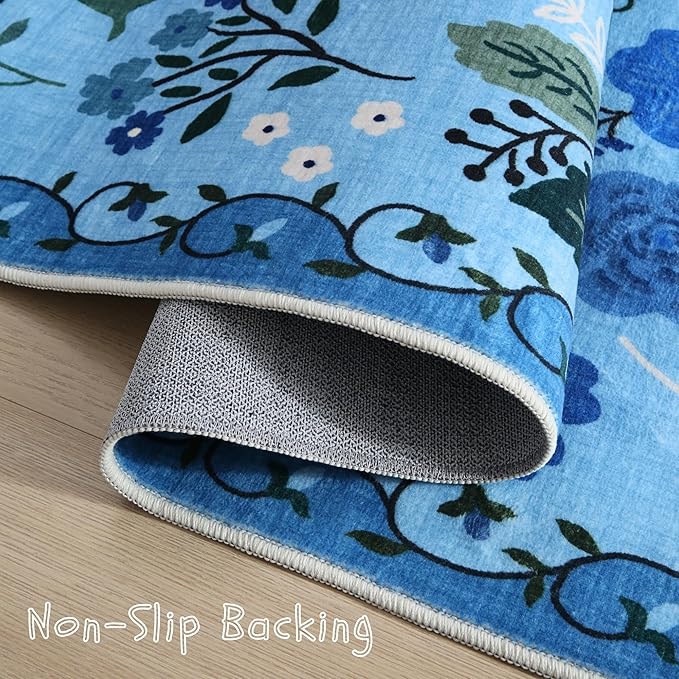 Rugcomf Bedroom Rug 3x5 Rug Washable Area Rug Non Slip Low Pile Boho Floral Small Carpet for Bedroom, Bedside, Kitchen, Entryway, Kids Room, Office, College Dorm Essentials for Girls(Blue)