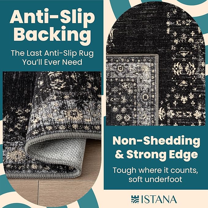Istana Hallway Runner Rug 2.5x8 - Black Kitchen Rugs Non Slip Washable -Silk's Soft Touch Carpet Runner - Stylish Runner Rugs for Home