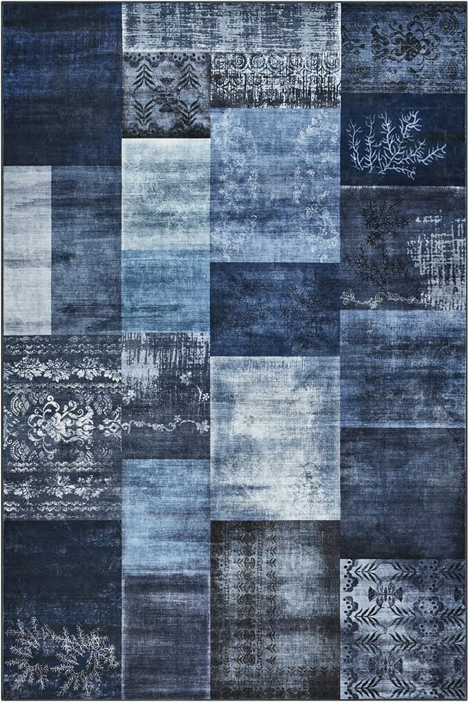 Tepook Modern Area Rug for Living Room, 4x6 Geometric Large Rugs for Bedroom, Washable Patchwork Rug Indoor Non-Slip Throw Carpets for Dining Room Office Farmhouse Home Decor, Blue