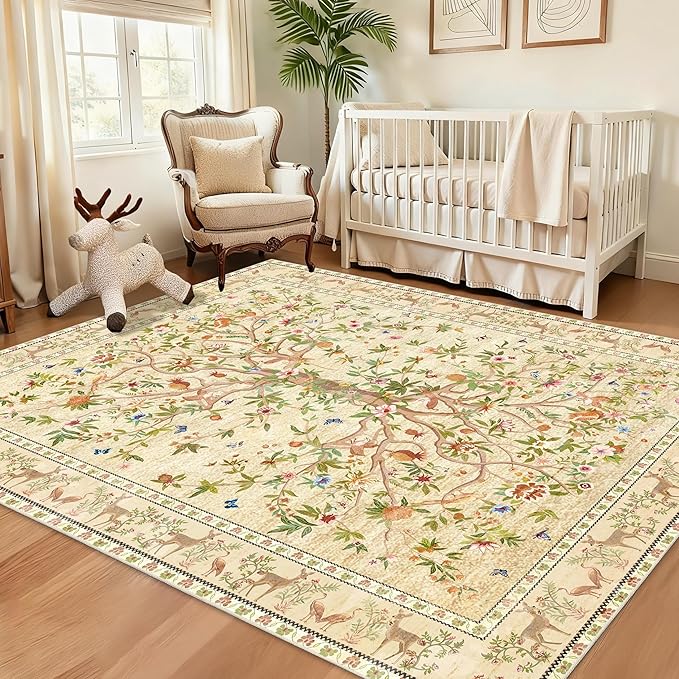 5x7 Area Rugs for Living Room, Machine Washable Non-Slip Carpet, Boho Floral Low Pile Throw Rugs for Bedroom, Dining Room, Office, Nursery, Vintage Home Decor（Beige）
