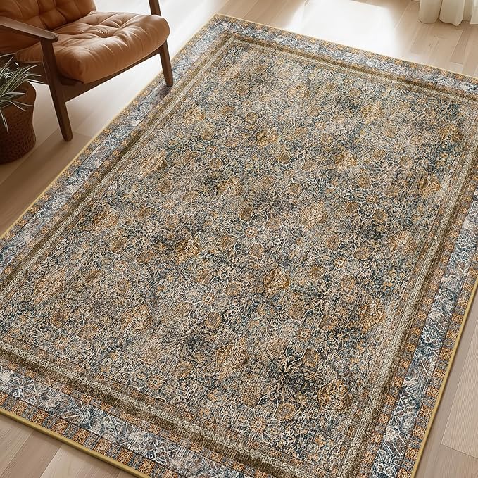 Phantoscope Washable Area Rug 9'x12' Non-Slip, Vintage Neutral Rugs for Living Room, Bedroom, Dining Room, Distressed Boho Floral Medallion Pattern, Low-Pile Foldable Carpet, Brown/Charcoal Spice
