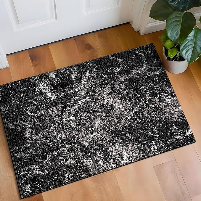 Rugshop Abstract Marble Shag Area Rug Anthracite Dark Gray 2' x 3' Ideal for Entryways, Kitchens, or Small Spaces