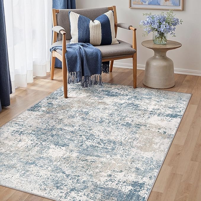Blue 3x5 Area Rug Washable Abstract Office Carpet Modern Neutral Non Slip Indoor Entry Soft Low Pile Contemporary Aesthetic Door Mat Bedroom Throw Rug for Kitchen Laundry Dining Room