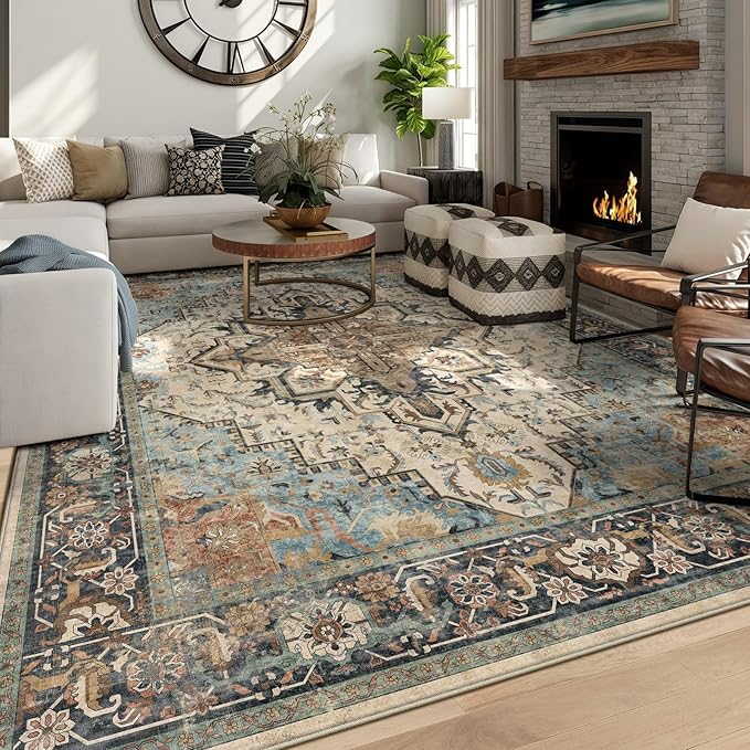 8x10 Machine Washable Area Rug for Living Room, Blue Beige Boho Vintage Floral Rug Large Non-Slip Low Pile Soft Faux Wool Carpet, Kids and Pets Friendly for Bedroom Dining Room Farmhouse Decor Rug