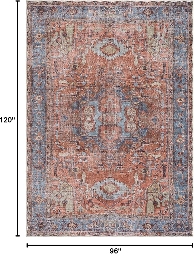 Bloom Rugs Washable 8' x 10' Rug - Terracotta/Blue Traditional Area Rug for Living Room, Bedroom, Dining Room, and Kitchen - Exact Size: 8' x 10'