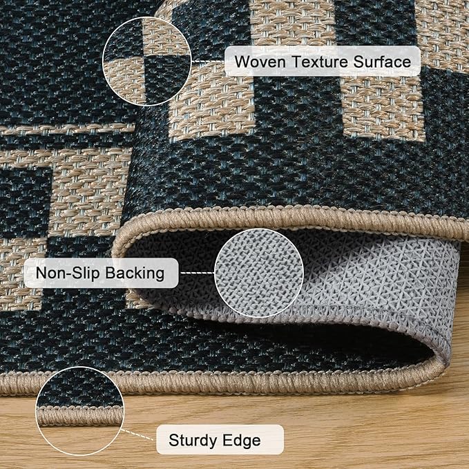 OJIA Easy Jute Runner Rug, 2x6 Kitchen Runner Washable Rug Runners for Hallways Farmhouse Checkered Carpet, Non-Slip Indoor Outdoor Runner Modern Door Mat for Entry Front Door Entryway Porch