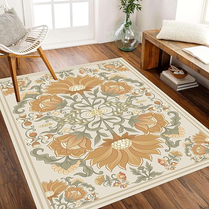 Abstract Sunflower Area Rugs, 3x5ft, Traditional Rustic Vintage Tropical Floral Theme Beige Farmhouse Boho Carpet, Shaggy Low Pile Fade Resistant Home Goods Rug for Living Room Kitchen