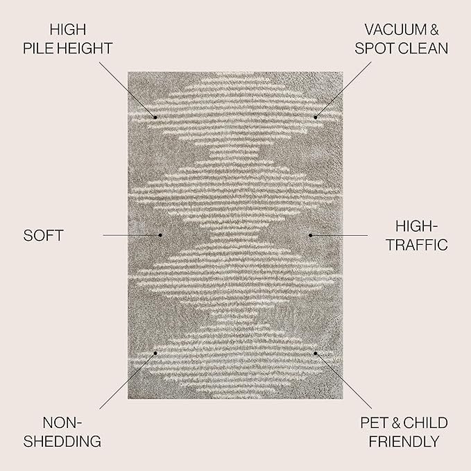 JONATHAN Y Elm Diamond Stripe Shag Gray/Ivory Indoor Area Rug, 5x8, Geometric, Bohemian, Contemporary, Easy-Cleaning for Living Room, Bedroom, Kitchen, Pet Friendly, Non-Shedding (MOH408B-5)