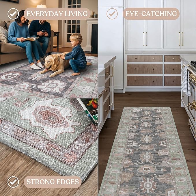 Fame Living Green Oushak Runner Rug, Modern Runners, Turkish, Eclectic, Floral, Pastel, Washable, Small Throw Rugs, Short Runner for Hallway, Laundry, Foyer, Bedroom, Kitchen, Bathroom, 2'5"x6'5"
