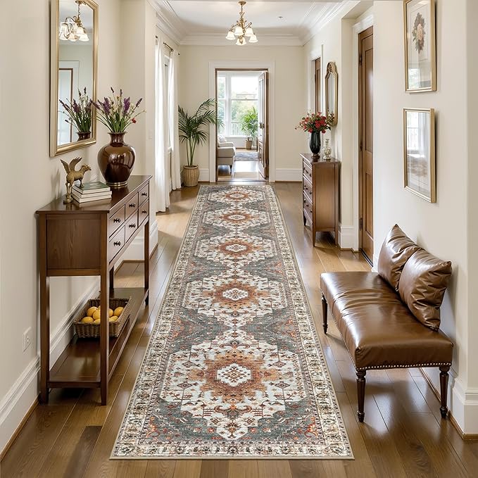 Tangsoo Oriental Hallway Runner Rugs 2.6x12 Washable Runner Rug for Hallways, Non Slip Vintage Soft Low Pile 12ft Long Rug Runner, Indoor Carpet Runners for Living Room Kitchen Bedroom Entryway