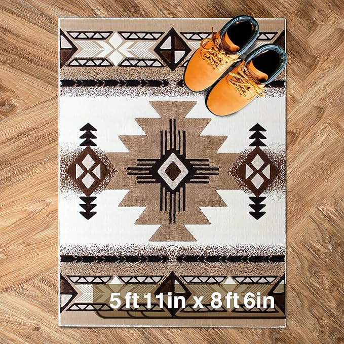 YHSF South West Native American Area Rug C318 - Easy Clean, Thick, Soft, Durable Native Tribal American Indian Inspired Rug for Bedroom/Living Room and More - Ivory, 5 ft 11 in x 8 ft 6 in